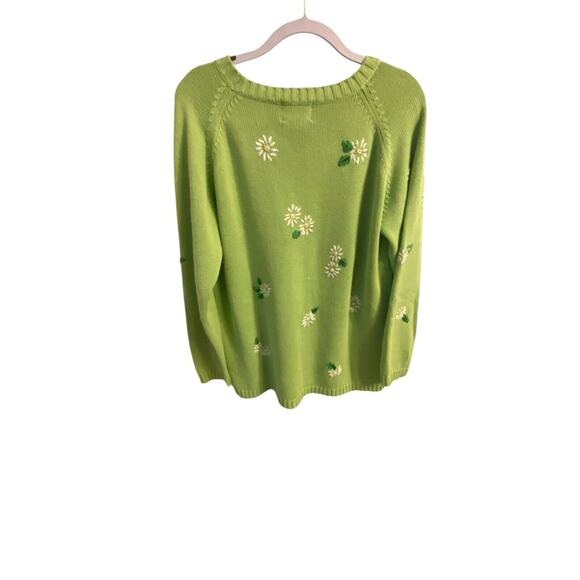 Quacker Factory Lime Green Crewneck Sweater With Daisies Oversized Large - Picture 2 of 15